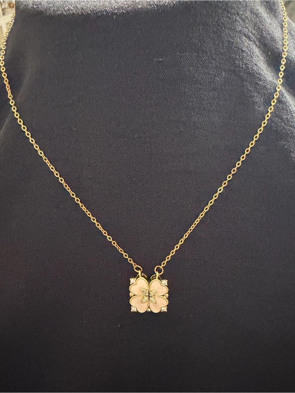 Gold-Tone Four-Leaf Clover Necklace with white enamel inlay